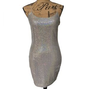 Olive Tree Silver Metallic Sparkle Sequin Stretch Bodycon Mini Dress Large
